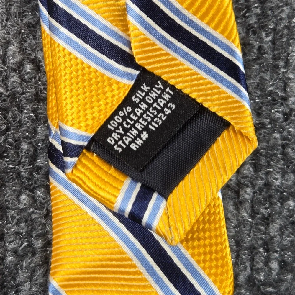 The Tie Bar Necktie Mens Yellow Navy Blue Striped 100% Silk Stain Resistant